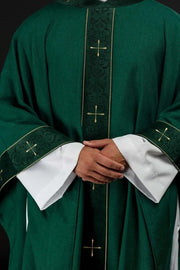 Green Chasuble with embroidered cross band and decorated collar — front view