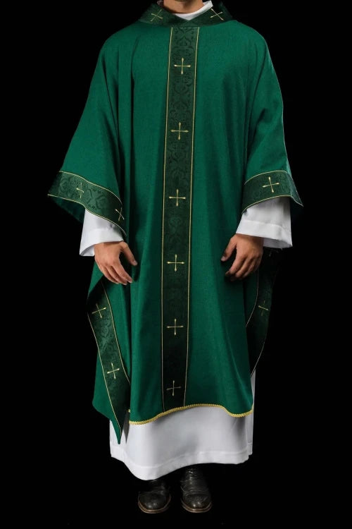 Green Chasuble with embroidered cross band and decorated collar — full view