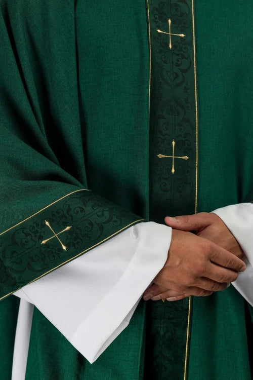Green Chasuble with embroidered cross band and decorated collar — back view