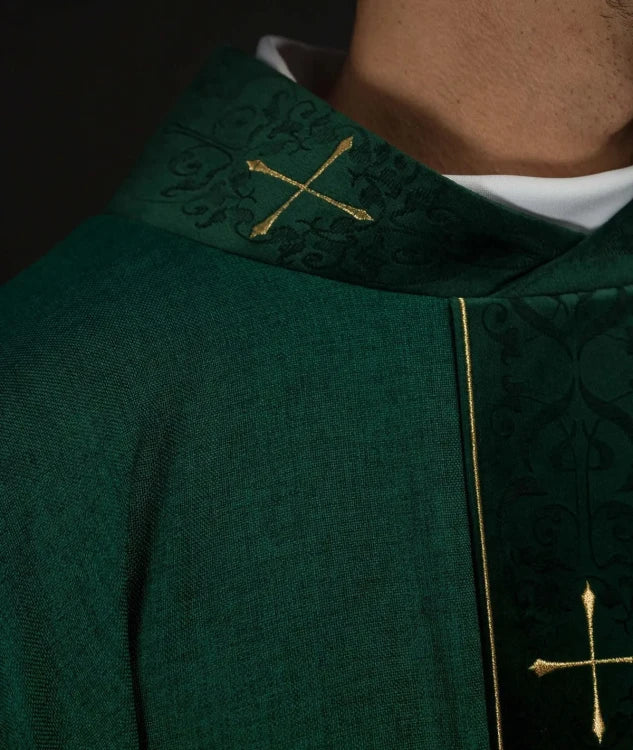 Green Chasuble with embroidered cross band and decorated collar — close-up detail