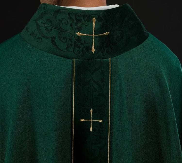 Green Chasuble with embroidered cross band and decorated collar — side view