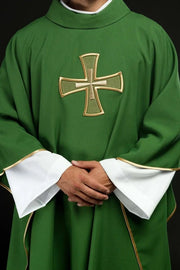 Green Chasuble with embroidered cross motif — front view