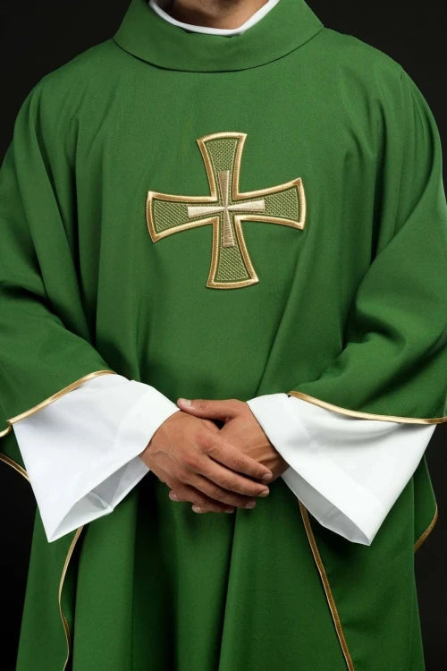 Green Chasuble with embroidered cross motif — front view
