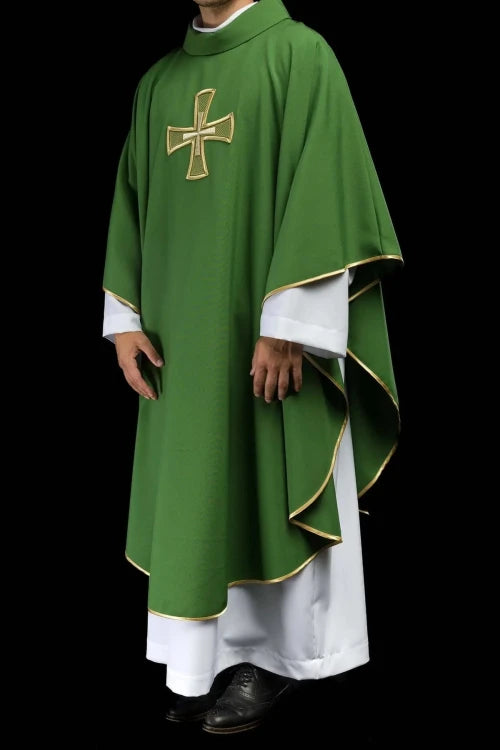 Green Chasuble with embroidered cross motif — full view
