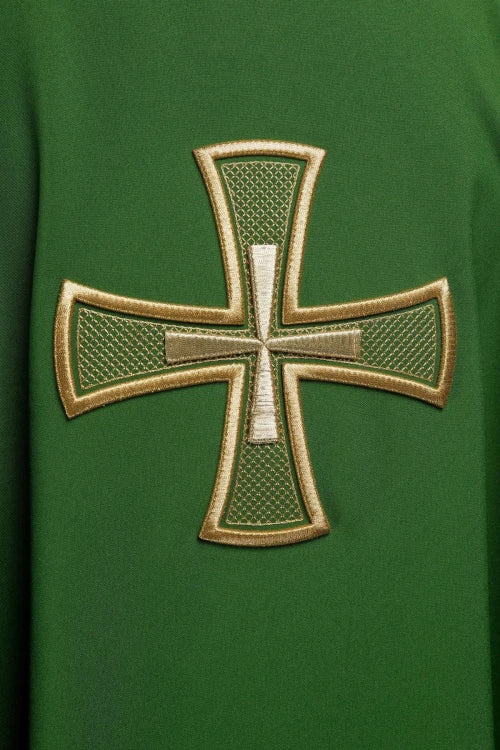 Green Chasuble with embroidered cross motif — decoration detail