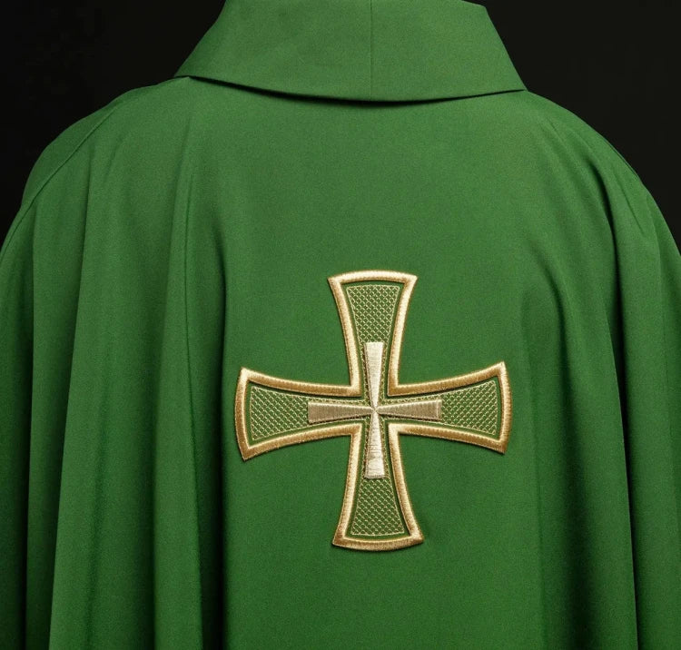 Green Chasuble with embroidered cross motif — close-up detail