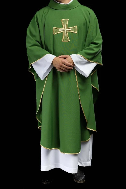 Green Chasuble with embroidered cross motif — collar detail