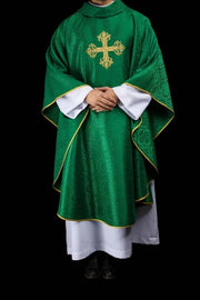 Green Chasuble with embroidered cross on patterned fabric — front view