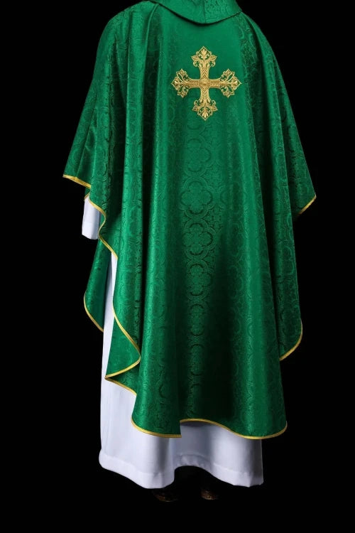 Green Chasuble with embroidered cross on patterned fabric — full view