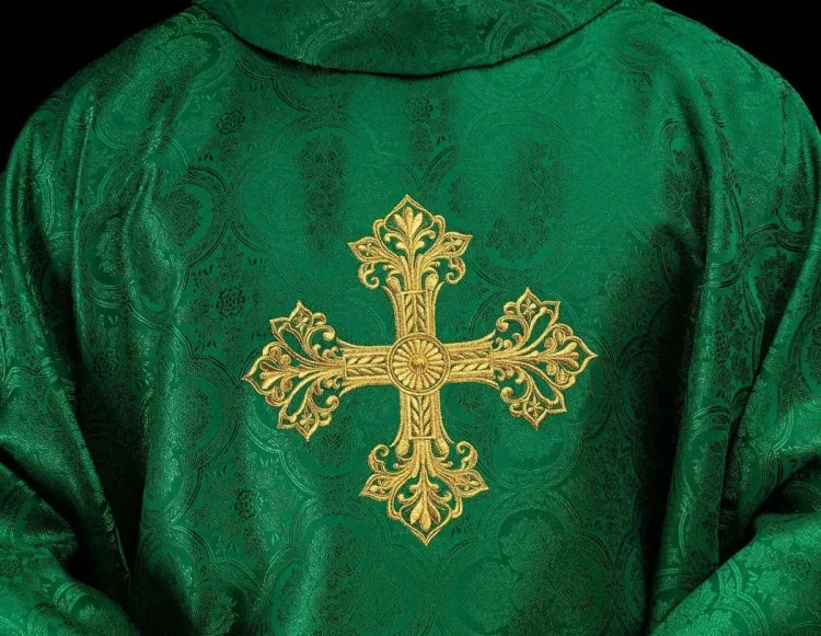 Green Chasuble with embroidered cross on patterned fabric — decoration detail