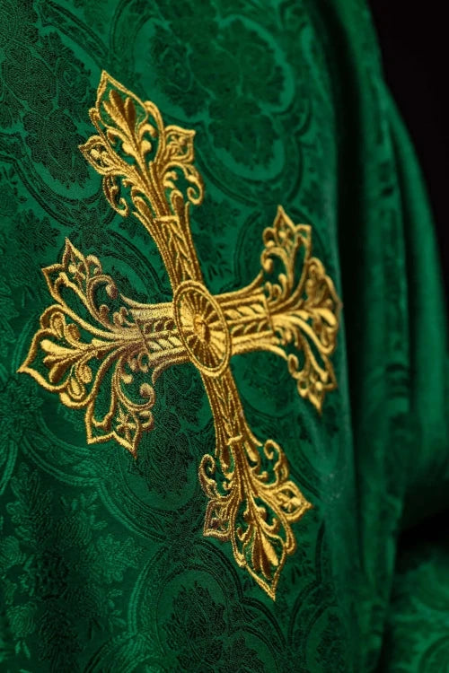 Green Chasuble with embroidered cross on patterned fabric — back view