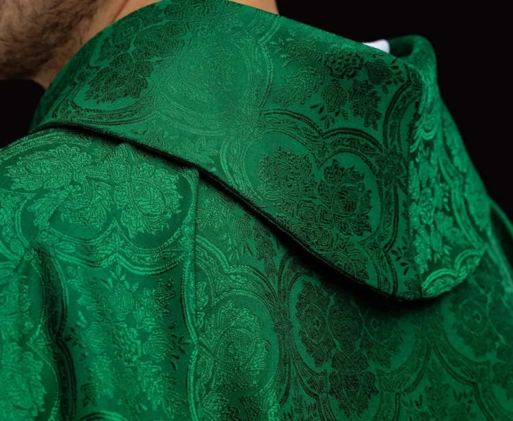 Green Chasuble with embroidered cross on patterned fabric — side view