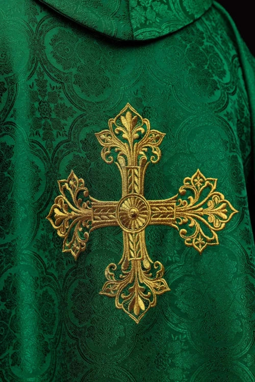 Green Chasuble with embroidered cross on patterned fabric — collar detail