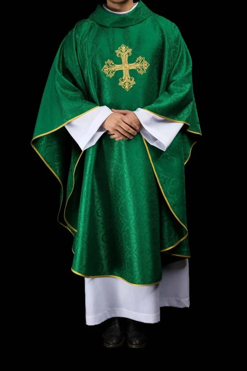 Green Chasuble with embroidered cross on patterned fabric — fabric detail