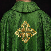 Green Chasuble with embroidered cross on patterned fabric – Variant II — front view
