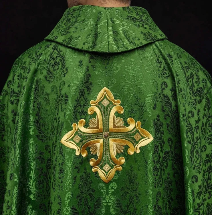 Green Chasuble with embroidered cross on patterned fabric – Variant II — front view