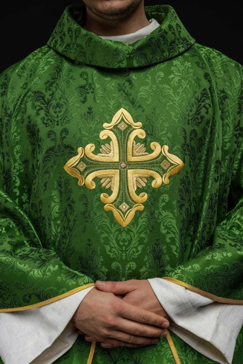 Green Chasuble with embroidered cross on patterned fabric – Variant II — full view