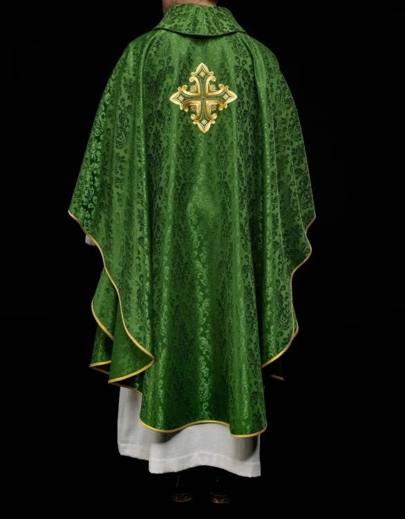 Green Chasuble with embroidered cross on patterned fabric – Variant II — decoration detail