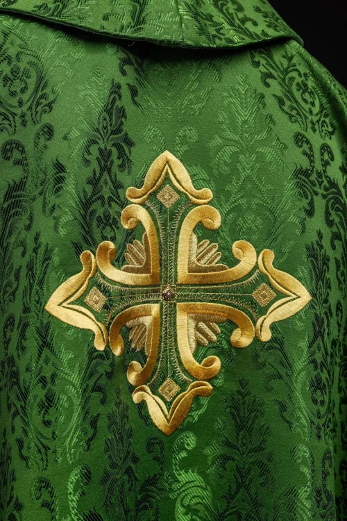 Green Chasuble with embroidered cross on patterned fabric – Variant II — back view