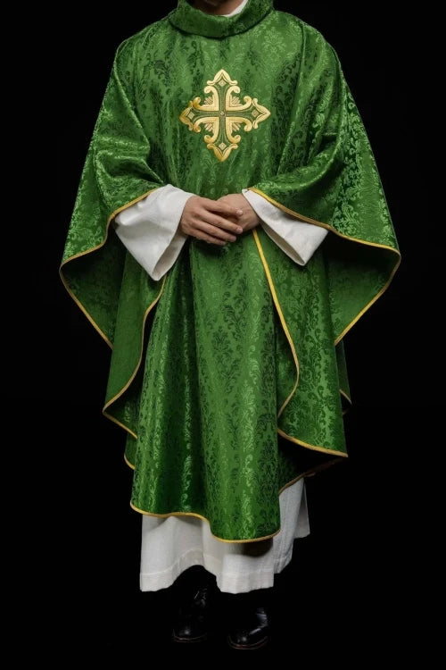 Green Chasuble with embroidered cross on patterned fabric – Variant II — side view