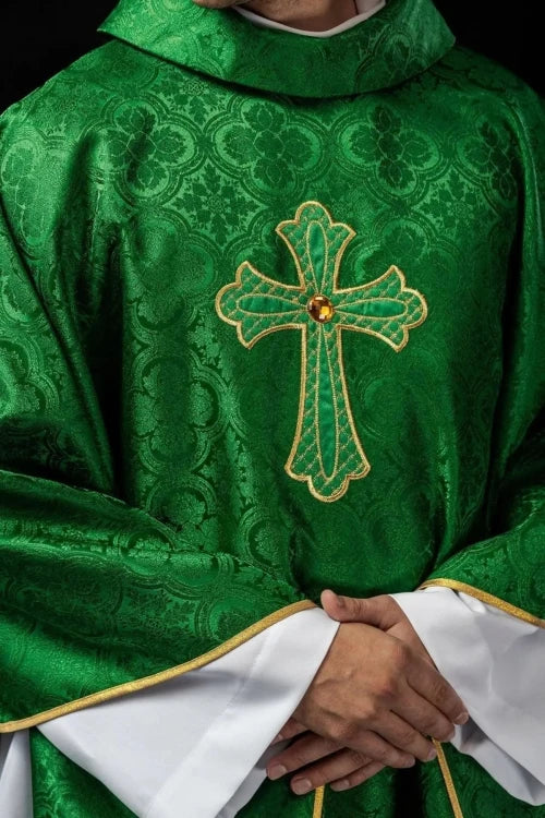 Green Chasuble with embroidered cross symbol — front view