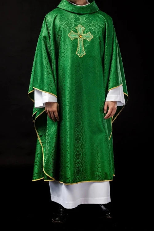 Green Chasuble with embroidered cross symbol — full view