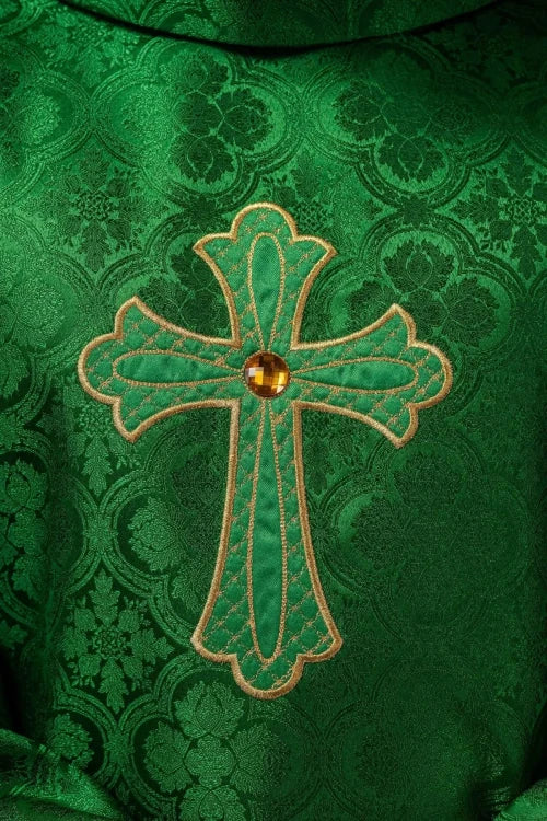 Green Chasuble with embroidered cross symbol — decoration detail