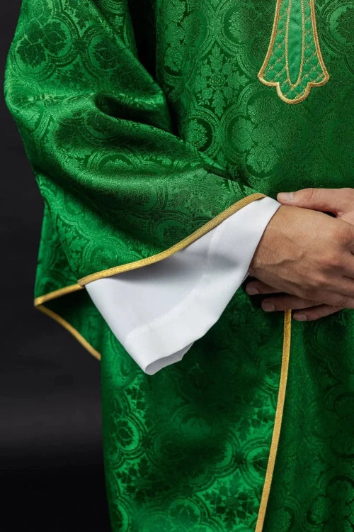 Green Chasuble with embroidered cross symbol — back view