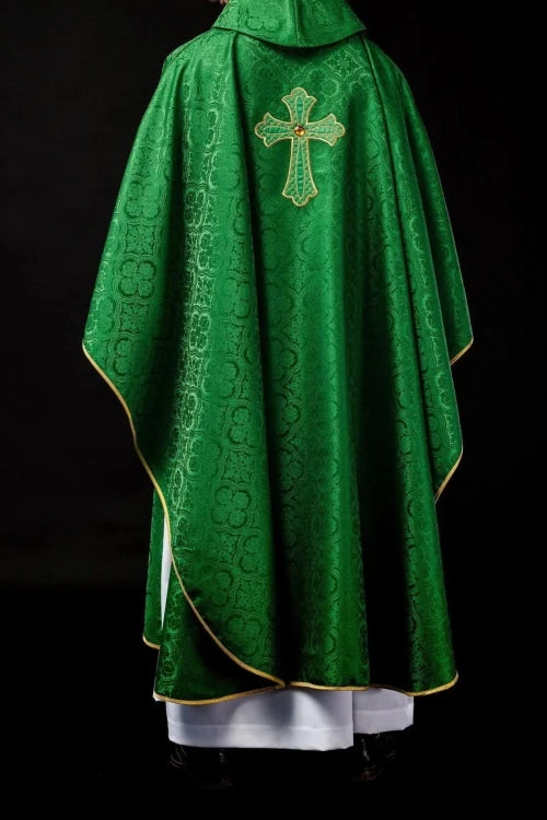 Green Chasuble with embroidered cross symbol — side view