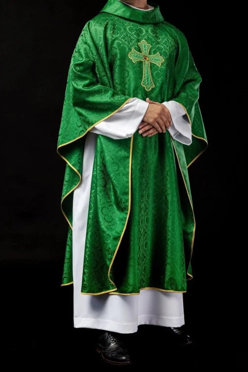 Green Chasuble with embroidered cross symbol — collar detail