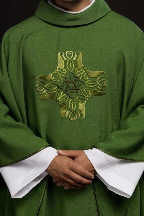 Green Chasuble with embroidered cross – Variant II — front view