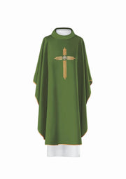 Green Chasuble with embroidered cross with IHS — front view