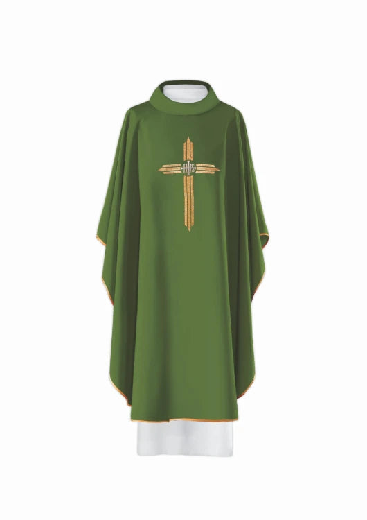 Green Chasuble with embroidered cross with IHS — front view