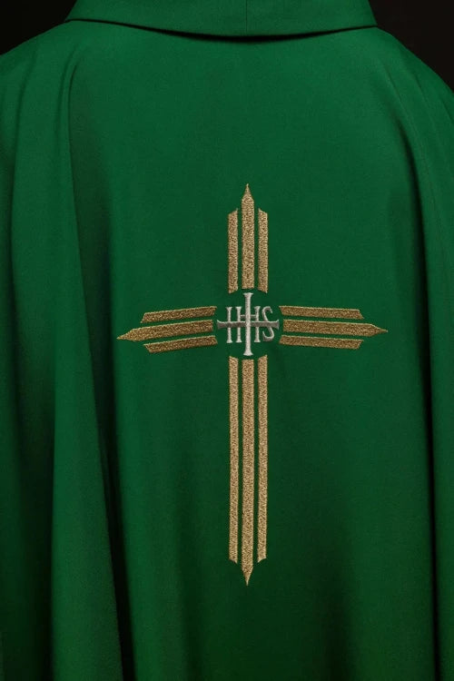 Green Chasuble with embroidered cross with IHS — side view