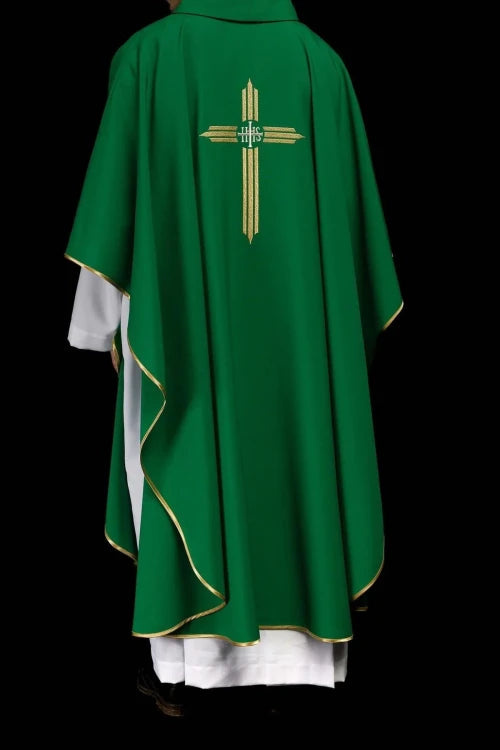 Green Chasuble with embroidered cross with IHS — collar detail