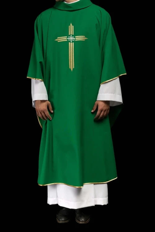 Green Chasuble with embroidered cross with IHS — fabric detail