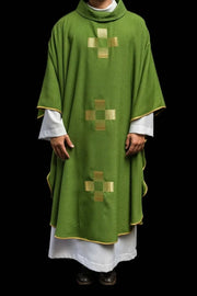 Green Chasuble with embroidered crosses — front view