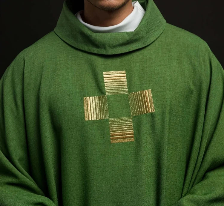 Green Chasuble with embroidered crosses — full view