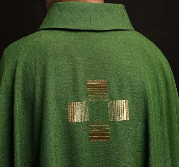 Green Chasuble with embroidered crosses — side view