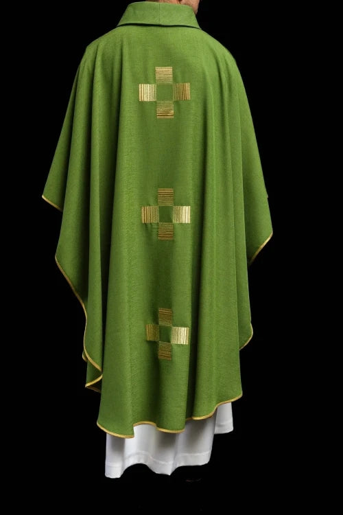 Green Chasuble with embroidered crosses — fabric detail
