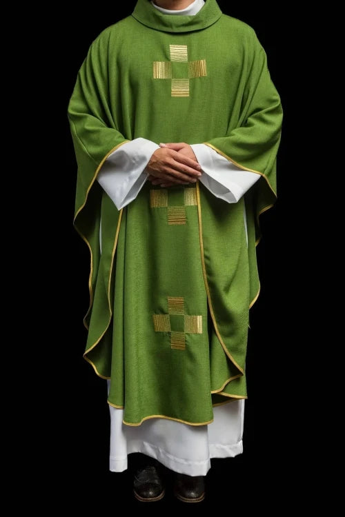 Green Chasuble with embroidered crosses — vestment detail