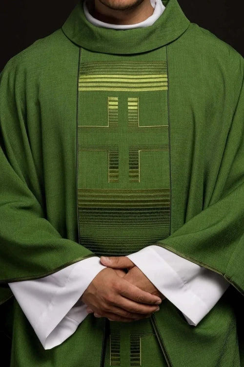 Green Chasuble with embroidered crosses – Variant II — front view
