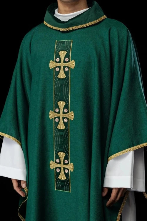 Green Chasuble with embroidered crosses – Variant III — front view