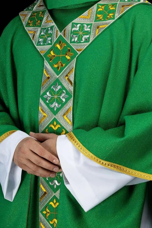 Green Chasuble with embroidered decorative band — front view