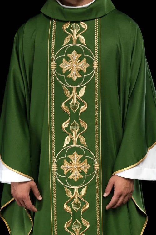 Green Chasuble with embroidered decorative band — front view