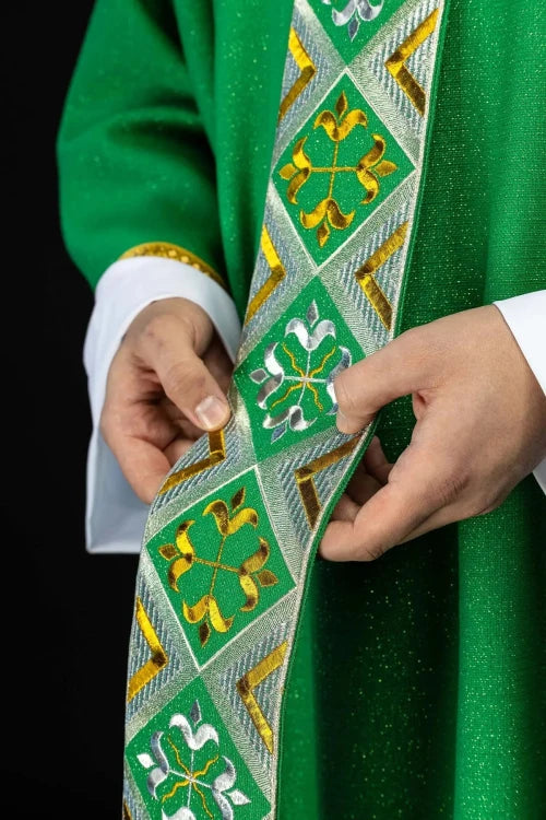 Green Chasuble with embroidered decorative band — full view