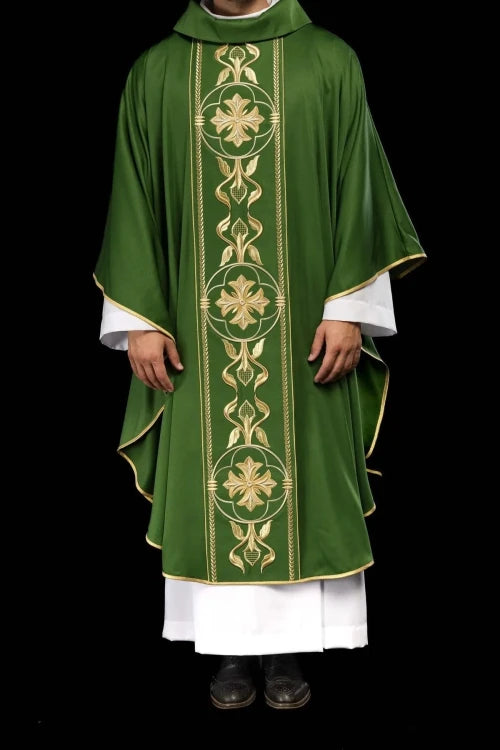 Green Chasuble with embroidered decorative band — full view
