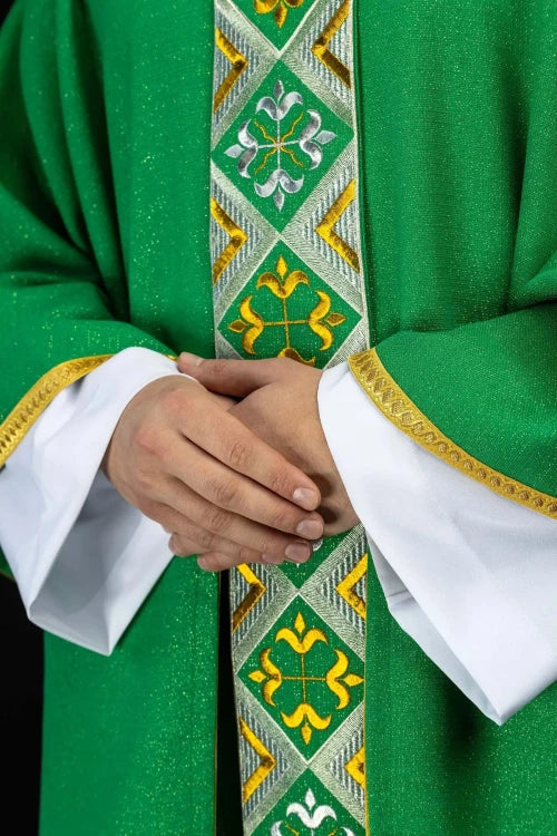 Green Chasuble with embroidered decorative band — back view