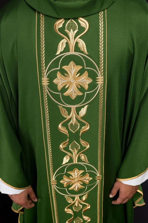 Green Chasuble with embroidered decorative band — back view