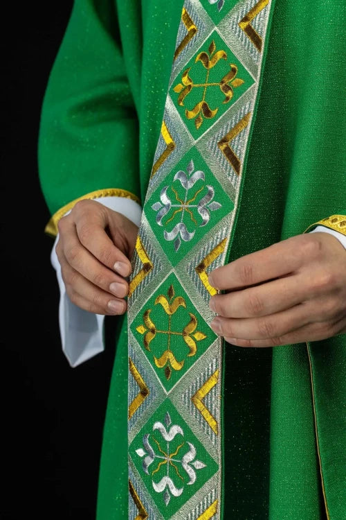 Green Chasuble with embroidered decorative band — close-up detail